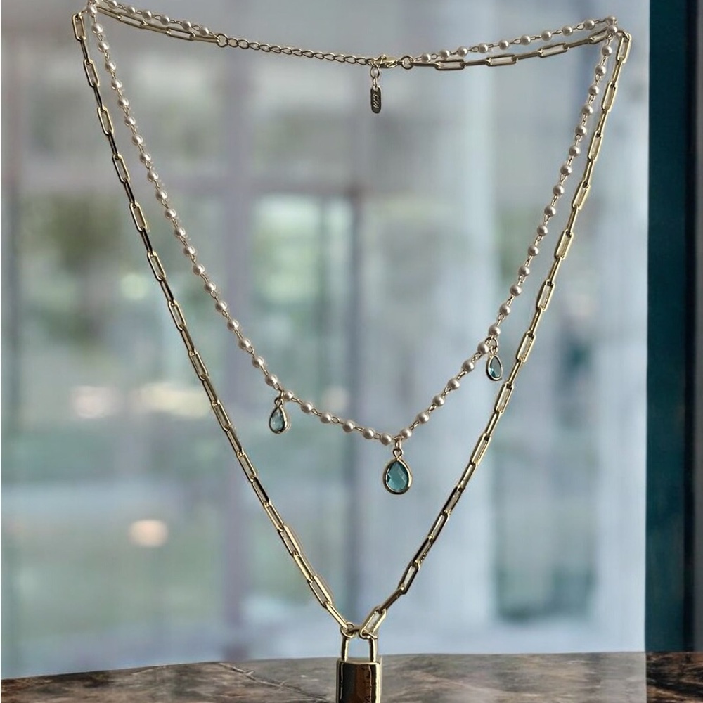 Elegant 14k  Gold Electroplated Lock and Pearl Necklace with Teal Drops